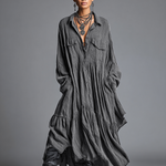 Women's Cotton And Linen Blend Loose Washed Shirt Maxi Dress