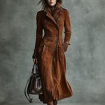 Women's Suede Trim Double-breasted Lapel Long Coat