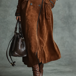 Women's Suede Trim Double-breasted Lapel Long Coat