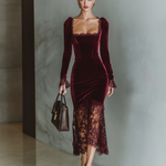 Women's Burgundy Velvet Lace Fitted Maxi Dress