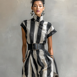 Women's High Collar Chiffon Short Sleeve Belt Maxi Dress