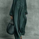 Women's Loose Cotton And Linen Blend Shoulder Embroidery Half-high Collar Long-sleeved Maxi Dress