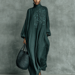 Women's Loose Cotton And Linen Blend Shoulder Embroidery Half-high Collar Long-sleeved Maxi Dress