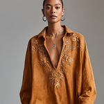 Women's Suede Loose Lapel V-neck Embroidered Long-sleeved Midi Dress