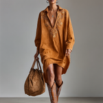 Women's Suede Loose Lapel V-neck Embroidered Long-sleeved Midi Dress