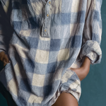 Women's Loose Washed Plaid Henley Collar Long-Sleeve Mini Dress