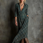 Women's Plaid Lapel Single-Breasted Shirt Maxi Dress