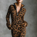 Women's Fashion Leopard Jacquard Knit Zipper Neck Midi Dress