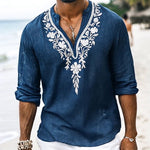 Men's Vintage Casual Embroidered Cotton and Linen Henley Collar Long Sleeve Shirt
