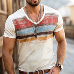 Men's Retro Casual Shabby Striped Printed V-Neck Short Sleeve T-Shirt