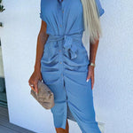Batwing Sleeves Button Down Ruched Midi Shirt Dress