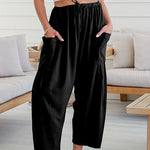 Column Loose Elasticity Pockets Solid Color Casual Pants Bottoms Trousers