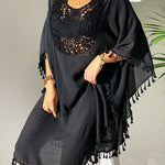 Batwing Sleeves Loose Hollow Solid Color Sun Protection Tasseled Round-Neck Cover-Ups Tops Midi Dresses