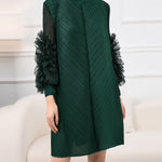 Long Sleeves Loose Embroidered Pleated Solid Color Round-Neck Midi Dresses