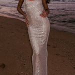Midnight Fantasy Sequin Mesh Shoulder Strap Open Back Stretch Maxi Dress