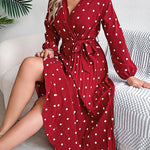 A-Line High Waisted Elasticity Pleated Polka-Dot Split-Joint Tied Waist V-Neck Midi Dresses Shirt Dress