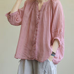 Black&Pink High-Low Half Sleeve Ramie Cotton Loose Shirt