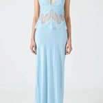 Effortless Elegance Satin Sheer Lace Patchwork V-neck Drape Maxi Dress
