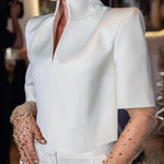 Half Sleeves Loose Solid Color Split-Joint Stand Collar Blouses&Shirts Tops