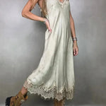 Fashionable V-neck Suspender Lace Splicing Casual Midi Dress