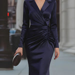 High Waisted Long Sleeves Pleated Solid Color Split-Side Notched Collar Maxi Dresses