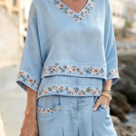 Women'S Casual V-Neck Printed Wide-Leg Pants Set