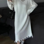 High Waisted Long Sleeves Fringed Solid Color Round-Neck Midi Dresses Sweater Dresses