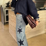 Jessy Denim Mid Rise Side Star Pattern Pocket Wide Leg Jeans