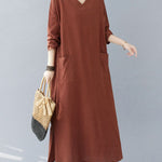 A-Line Long Sleeves Pockets Solid Color Split-Side V-Neck Maxi Dresses