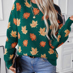 Maple Leaf Pattern Jacquard Casual Pullover Sweater for Women