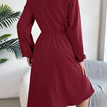 A-line Long Sleeves Buttoned Pleated Solid Color Tied Lapel Midi Dresses Shirt Dress