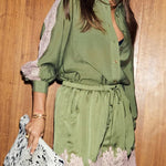 Eye-catching Work Contrast Color Lace Trim Button Up Long Sleeve Loose Blouse