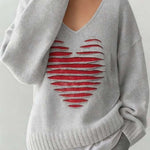 Women'S Casual Loose-Fitting V-Neck Heart-Patterned Sweater