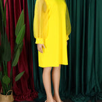 Puff Sleeves Beads Mesh Solid Color Split-Joint Round-neck Midi Dresses