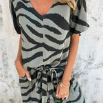 Zebra Print V-neck Short-sleeved Lace-up Top and Elastic Waist Pocket Straight-leg Pants Set