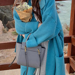 Long Sleeves Loose Pockets Solid Color Tied Waist Notched Collar Cardigan Coats
