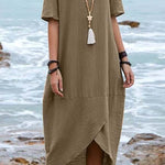 Solid Color Cotton Linen Retro Round Neck Short Sleeve Midi Dress