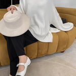 Stretch Mohair-Blend Balloon Sleeves Loose Solid Round-Neck Sweater Tops