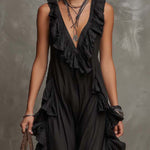Vintage Ruffle V-Neck Tencel Faux-Denim Jumpsuit With Chiffon Trim