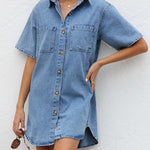 Loose Short Sleeves Split-Joint Lapel Mini Dresses Shirt Dress