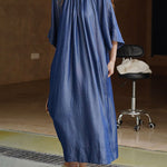 Loose Raglan Sleeve Drawstring Lace-Up Pleated Solid Color Round-Neck Midi Dresses