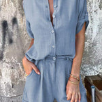 Linen Blend Solid Color Button Lapel Short Sleeve Shirt and Casual Pocket Shorts Set