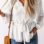 Elegant V-neck Button Tie Waist Polka Dot Blouse