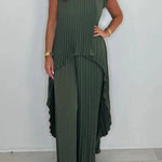 Round Neck Solid Sleeve Top Pleated Straight Pants Two-piece Set