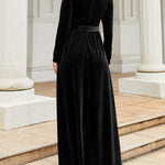 Long Sleeves Wrap Belted Pleated Solid Color Zipper Round-Neck Maxi Dresses