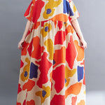 Artistic Retro Short Sleeves Loose Contrast Color Printed Round-Neck Midi Dresses