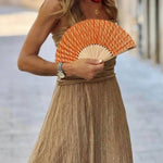 Retro Unique Striped Print Ruched Slit Linen Maxi Dress
