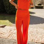 Modern and Elegant Solid Crop Tank and High Rise Flare Loose Pants Set