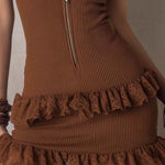 Boho Vintage Brown Ribbed Ruffle Zip Mini Dress