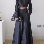 Long Sleeves Split-Joint Striped High Neck Blouses&Shirts Tops